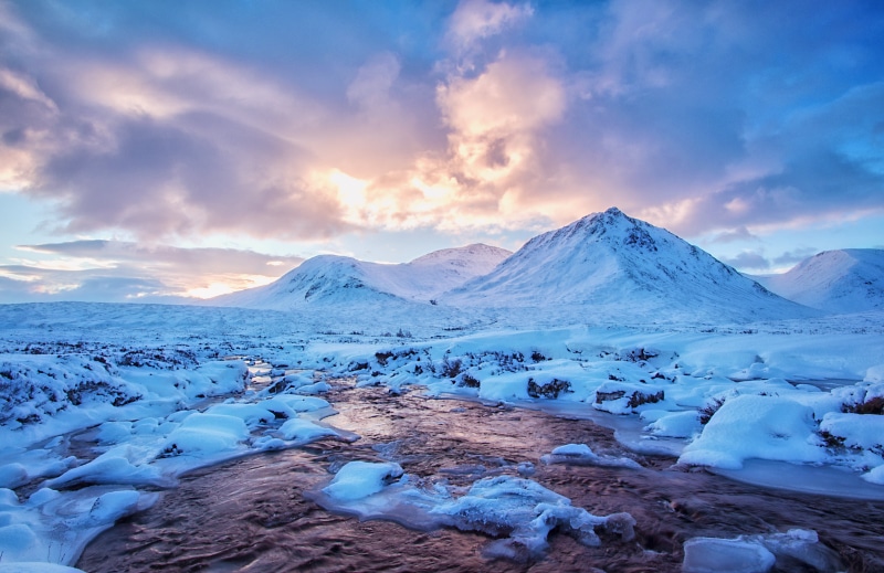 blue, cold - Temperature, Sron, Snow, river, winter, Scotland, body, West Highlands, scenics, landscape, sunset, outdoors, ice, na, Creise, mountain Peak