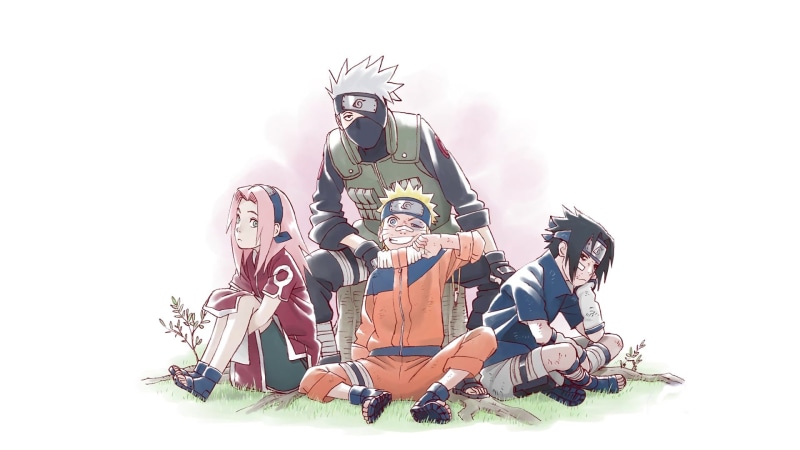 Kakashi Hatake, Sasuke Uchiha, four, illustration, Naruto Uzumaki, beside, Sakura Haruno, 1080P, Anime, characters, sitting, Naruto