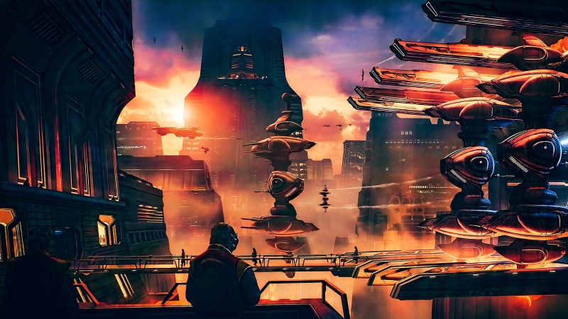 CGI, artwork, city, night, building exterior, men, women, futuristic, 4K, lifestyles, fantasy art, science fiction, adult, sunset, turrets, photography themes