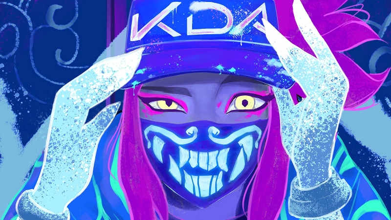 neon lights, pink hair, fantasy girl, digital art, women, 4K, Akali(League of Legends), video games, digital painting, games art, yellow eyes, Riot Games