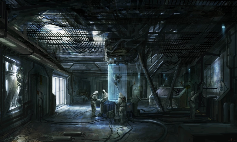 architecture, fantasy art, building, digital art, glass - material, ceiling, deterioration, run-down, obsolete, decline, indoors, abandoned