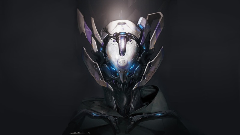 arms raised, disguise, black background, android robot, futuristic, digital art, white, obscured face, headwear, front view, illustration, portrait, robot