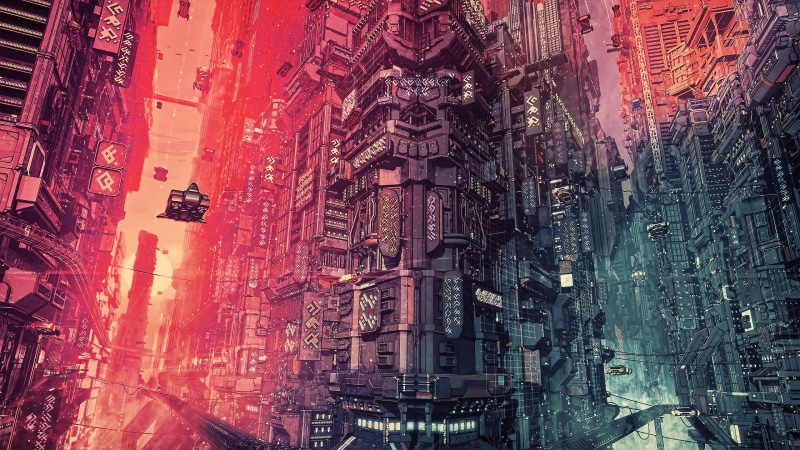 cyberpunk, science fiction, concept art, digital art, ArseniXC, cityscape, signs, building, technology, 4K, comics, futuristic, sunset, artwork, CGI, futuristic city