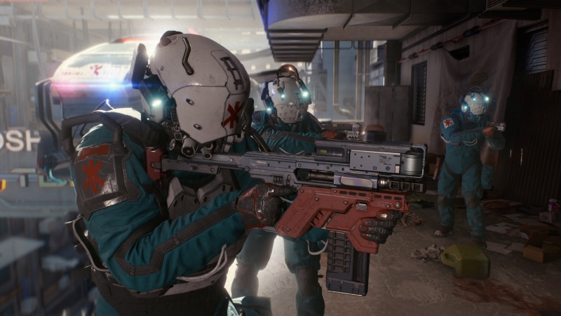 Cyberpunk 2077, cyberpunk, transportation, cooperation, men, cyborg, two people, military, occupation, people, traumateam, mature adult, futuristic armor