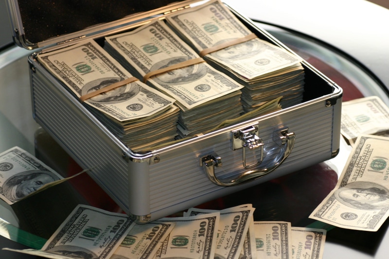 2K, high angle view, banknote, close-up, finance, business, u, abundance, suitcase, bank, indoors, dollar sign, dollars, investment, stack, briefcase