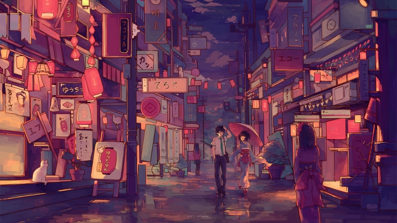 men, full length, city, Taki Tachibana, people, 1080P, communication, architecture, night, built structure, group of people, adult, real people, market