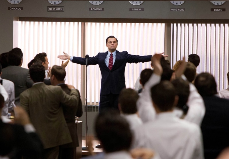 Movie, The Wolf of Wall Street, leadership, women, business meeting, public speaker, group of people, talking, presentation, males, Leonardo Dicaprio, coworker