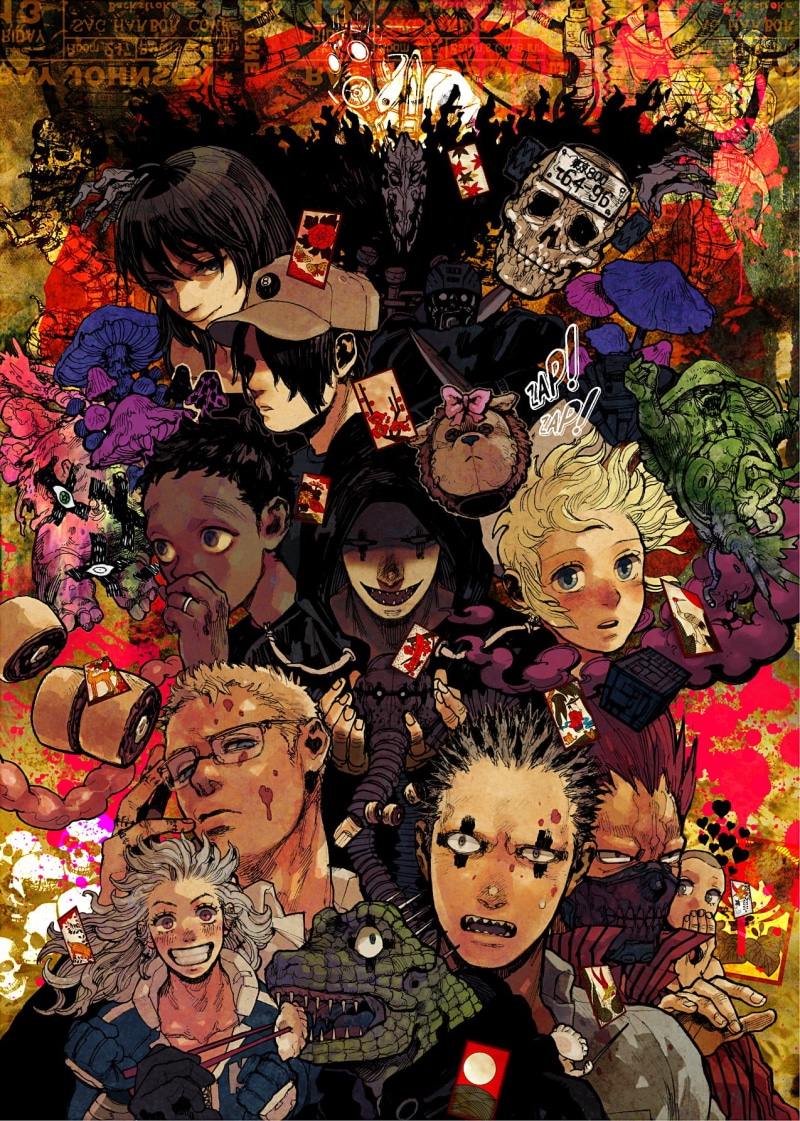 Haru (Dorohedoro), fan art, grey hair, open mouth, long hair, mask, redhead, Shin (Dorohedoro), 2D, blue eyes, vertical, short hair, Nikaido (Dorohedoro)