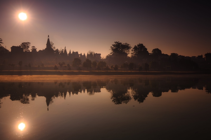 pier, prayer, pine forest, 5K, dalat, mirrored, clouds, the far side, outdoors, sun, building exterior, space, travel destinations, trees, dawn, lake