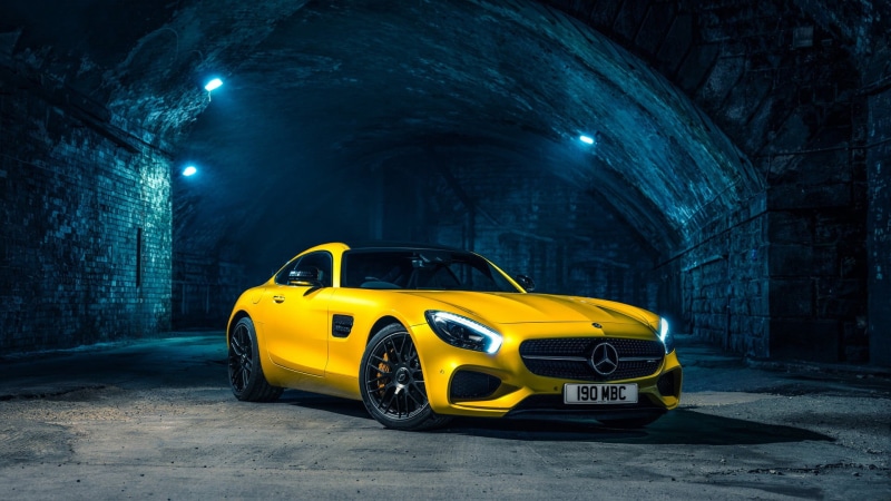 road, night, illuminated, street, mercedes, taxi, yellow taxi, mode of transportation, city, benz, yellow, sports car, Mercedes-Benz AMG GT, 1080P, transportation