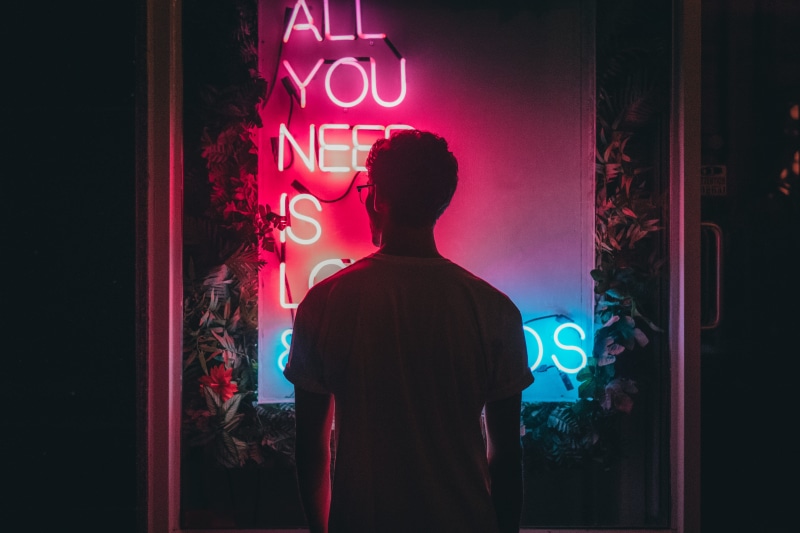 portrait, western script, blue, light, architecture, rear view, quotation, one person, text, 5K, night light, lights, nightlife, tree, love, night, flower