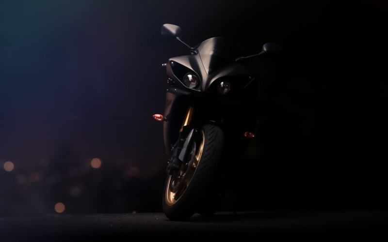 black, Yamaha YZF, black color, wheel, focus on foreground, vehicle, R1, no people, dark, close-up, fashion, sports, land vehicle, retro styled, 1080P