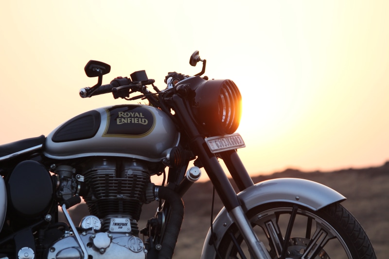 transportation, headwear, royal, crash helmet, offroad, technology, sunlight, vintage motorcycles, black, sky, bike, ride, chrome, helmet, headlight, enfield