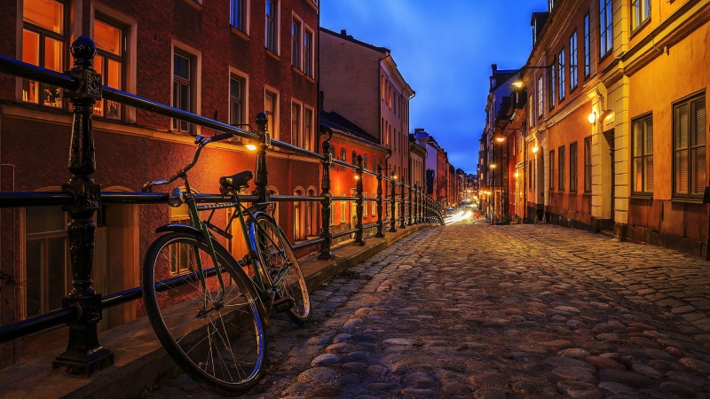 neighbourhood, lane, street, bicycle, evening, street light, 4K, sky, urban area, stockholm, sweden, building, house, road, city, night, cobblestone, alley