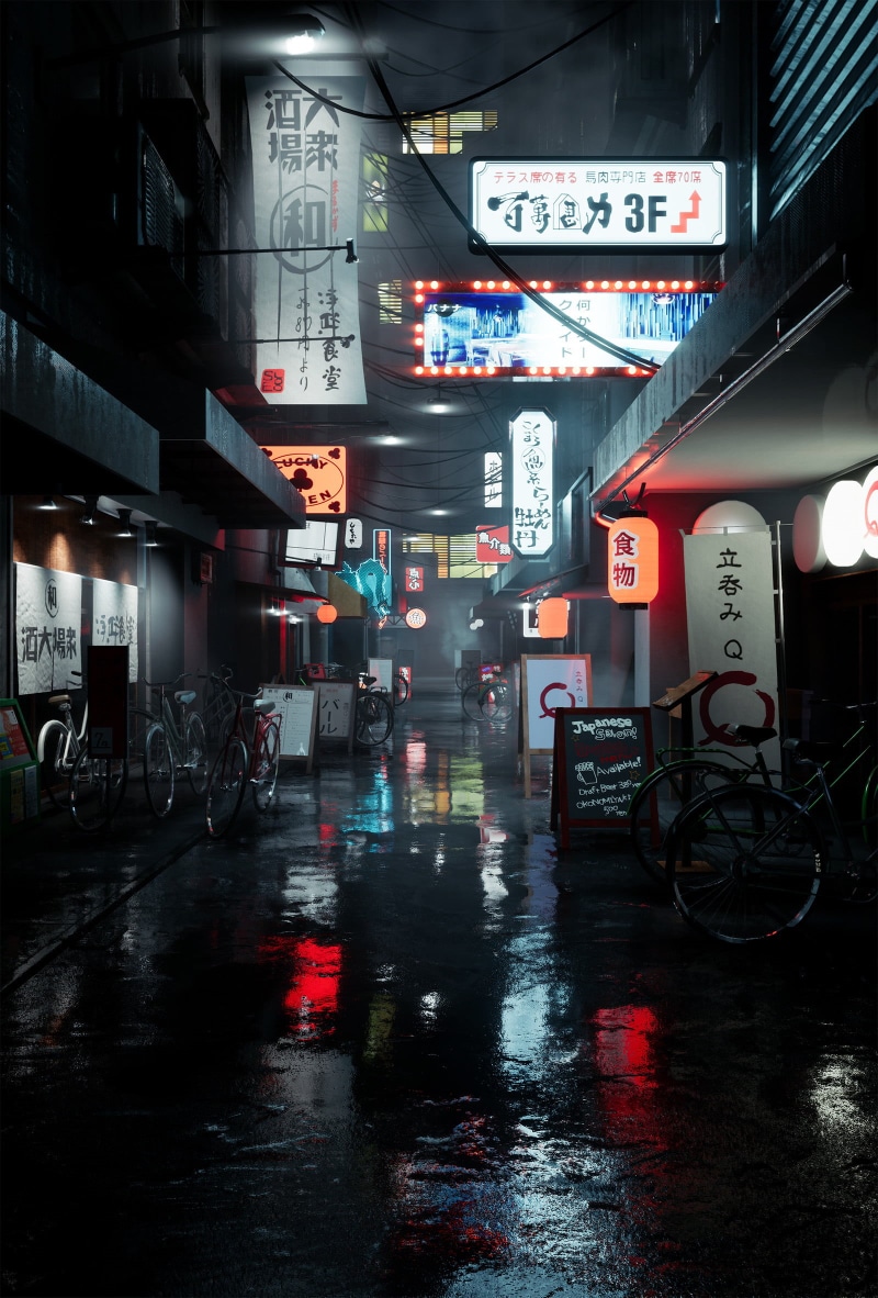 city, vertical, road, portrait display, street, bicycle, 3D, night, kanji, city lights, Japan, text, wet, 1080P