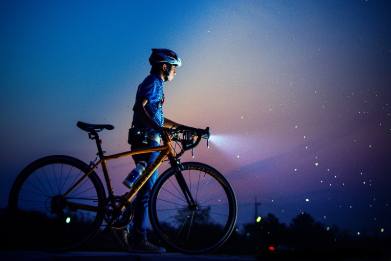 headwear, extreme Sports, cyclist, full length, dusk, bicycle, helmet, bicycles, 4K, Man, sky, riding, blue, health, mode of transportation, men, night