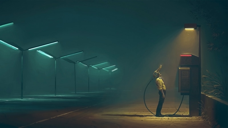 no people, people, parking lot, phone box, nature, VR Headset, shadow, sport, night, street, land vehicle, futuristic, power line, Simon Stålenhag, illuminated