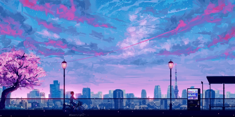 Tokyo, Japan, 4K, guy, railings, pink clouds, promenade, Seerlight, lights, art, Tokyo tower, Sakura spring, the evening sky, skyscrapers, on the bike