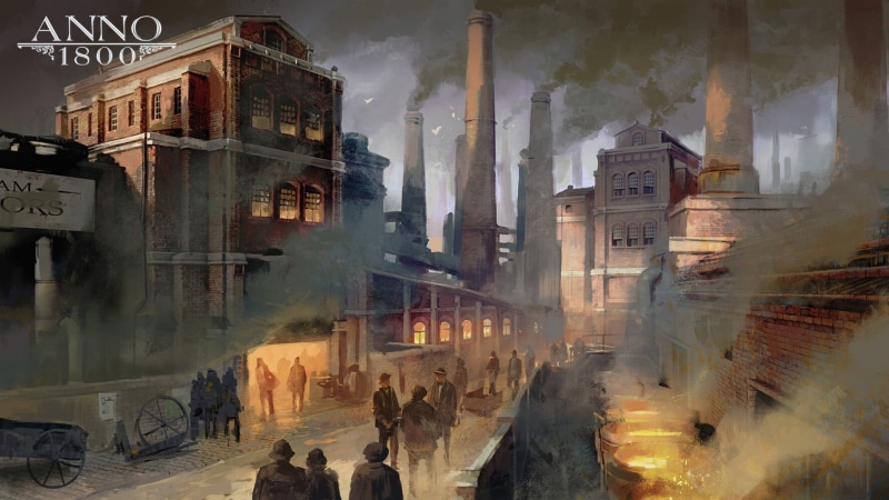 1080P, smoke, digital art, Anno 1800, factory tubes, Ubisoft, 1800s, workers, factories, concept art, smog, artwork, melting
