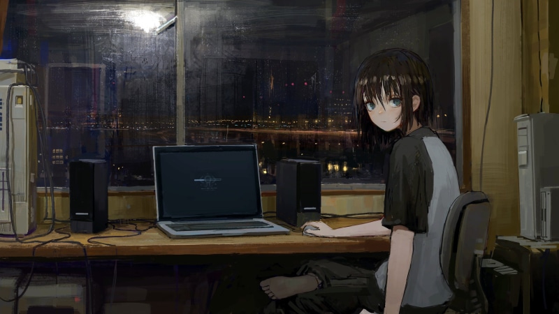 connection, people, T-shirt, desk, copland OS, original characters, adult, internet, females, wireless technology, Limit Beats, character, animated, computer