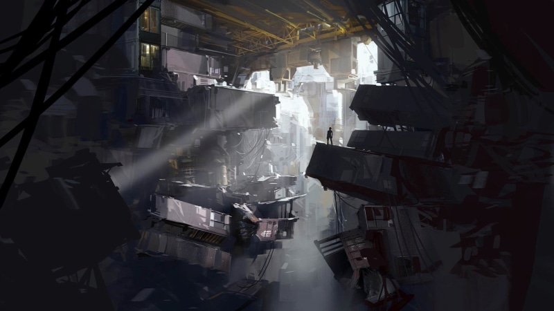 standing, roof, industry, industrial equipment, technology, architecture, metal, concept art, Portal 2, high angle view, building, indoors, top, smoke - physical structure