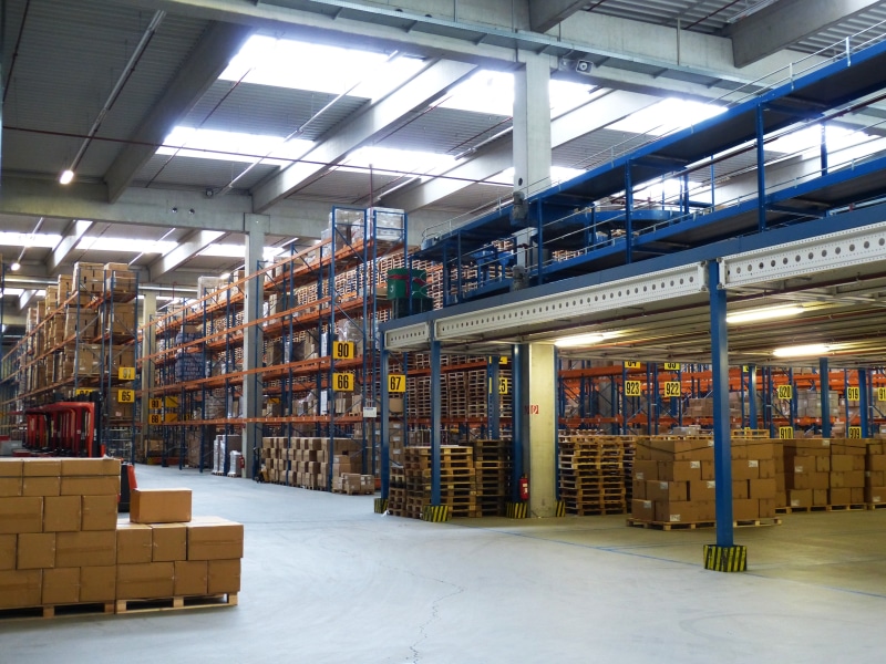warehouse, transport, industrial hall, blue, industry, building, 4K, crate, pallet, photo, business, factory, trade, storage Room, no people, stock, container