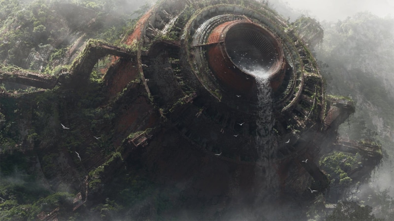 tree, the past, waterfall, no people, nature, digital art, pollution, science fiction, grey, artwork, fog, plant, outdoors, day, transportation, 1080P