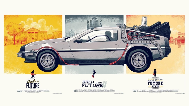 transfer print, yellow, auto post production filter, Back to the Future, 1080P, back, motor vehicle, outdoors, vintage car, no people, pollution