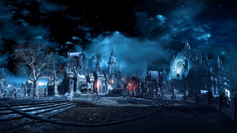 building, outdoors, Dark Souls, city, haunted, cold temperature, winter, direction, sky, the way forward, pollution, castle, night, building exterior, blue