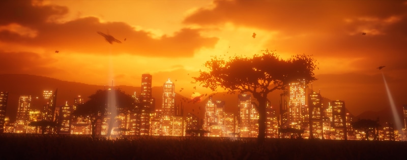 sky, building, city life, silhouette, pollution, building exterior, skyscraper, cloud - sky, air pollution, environment, 4K, architecture, no people, orange color