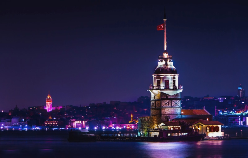 purple, spire, lighthouse, cityscape, building, bosphorus, office building exterior, city, water, 5K, illuminated, kizkulesi, sea, old, clock, kulesi