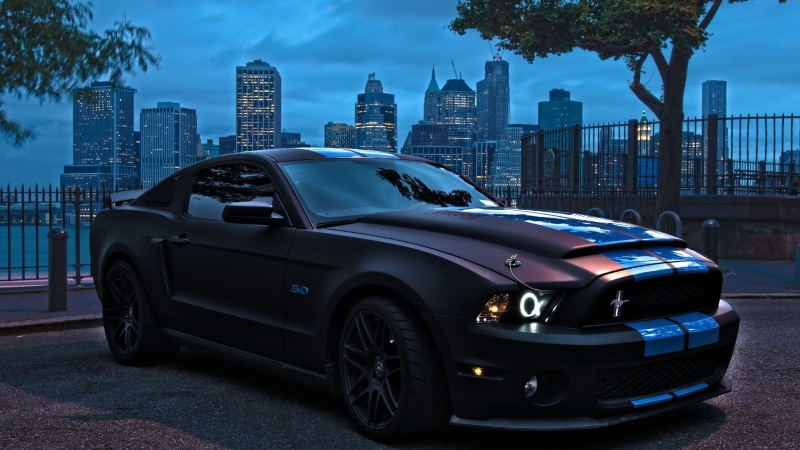 land Vehicle, blue, 2K, shiny, street, cityscape, downtown District, outdoors, design, office building exterior, Ford Mustang, transportation, black, no People