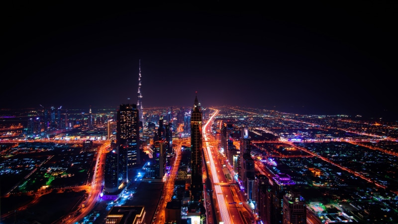 city life, horizon, city, light trail, 5K, building exterior, travel destinations, night, sky, metropolitan area, financial district, illuminated, modern