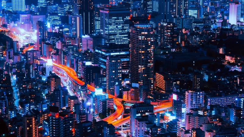 illuminated, high angle view, 1080P, office building exterior, street, built structure, city life, modern, cityscape, night, city lights, tall - high