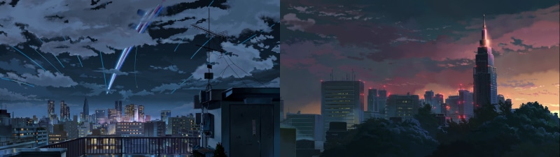 collage, illuminated, anime, sunset, urban skyline, nature, concrete, tall - high, spire, office building exterior, no people, cityscape, sky, tower, Kimi no Na Wa