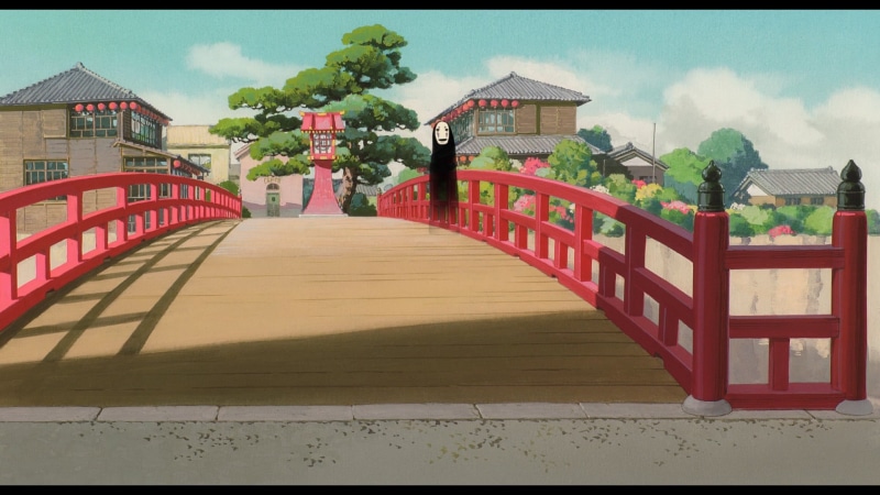 built structure, red, plant, 1080P, shinigami, Spirited Away, building, the way forward, sunlight, day, outdoors, character, shadow, seat, railing, wood - material