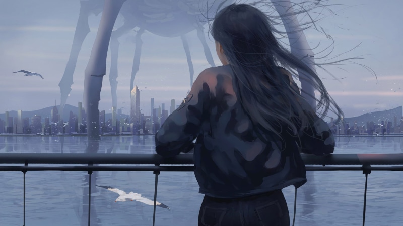 woman, wind, women, landscape, real people, railing, one person, building exterior, day, nature, brunette, 1080P, leaning, digital art, lifestyles, warm clothing