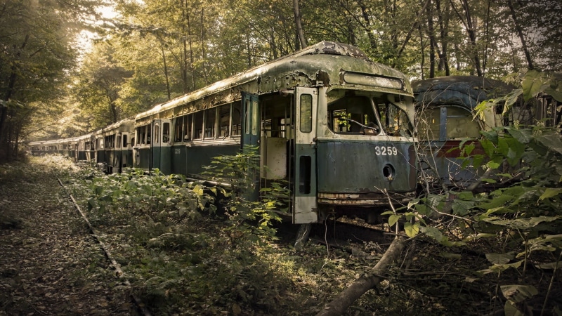 rusty, obsolete, trees, railway, old-fashioned, abandoned, railroad Station Platform, leaves, train - vehicle, old, gray, branch, architecture, nature
