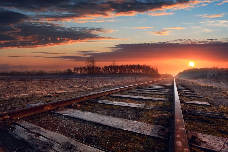 sunset, gray, iron - Metal, metal, direction, wood - material, landscape, fall, 1080P, train, sun, blue, nature, station, speed, orange color, railroad Track