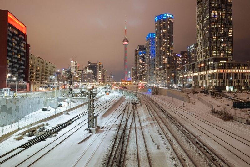 Bathurst, Fujifilm, snow, Railyard, train, CN Tower, rails, covering, Toronto, Tracks, 4K, Railway Lands, Transport, Canada