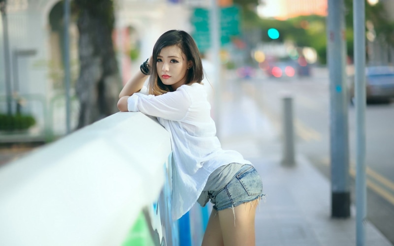 one Person, beside, model, Asian, woman, three quarter length, portrait, asia, women outdoors, urban Scene, caucasian Ethnicity, city, metal, brunette