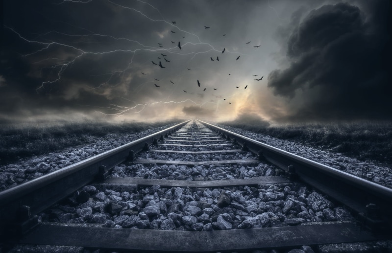 train, Track, 1080P, Surreal, Lightning, Clouds, railroad Track, Birds, photography, Railway, Rail, Storm, Landscape, nature