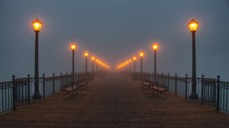 1080P, nature, travel, benches, brown, outdoors, railing, pier, wooden, sunset, illuminated, light, cityscape, diminishing perspective, lamps, street