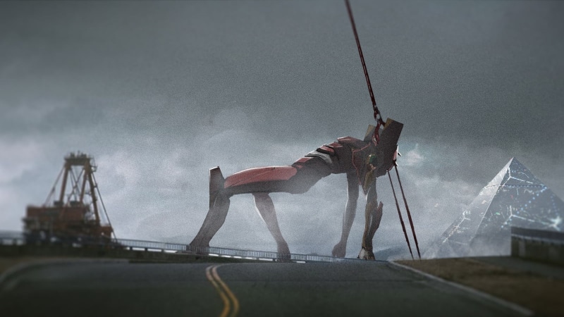 outdoors, built structure, water, industry, brown, road, smoke - physical structure, Spear of Longinus, construction industry, animated, 720P, one person