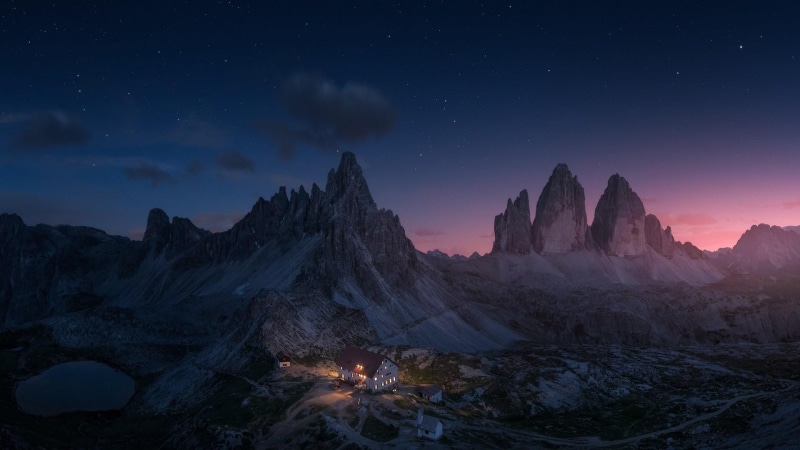 drei zinnen, mountain village, dolomites, starry sky, aerial view, bolzano, 1080P, italy, mountain range, tre cime di lavaredo, landscape, aerial photography