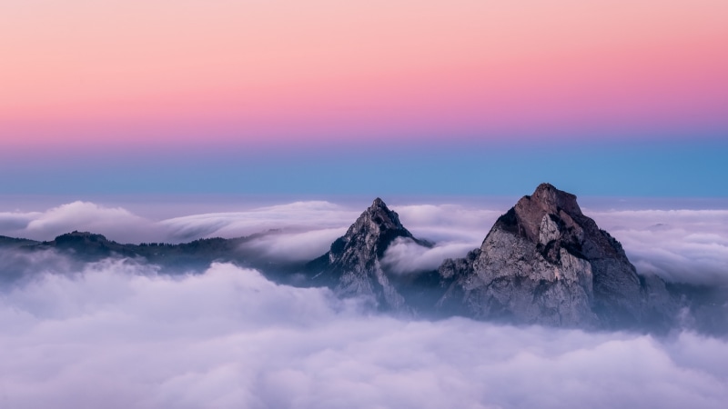 horizon, summit, ridge, dawn, cloudy, mountain, pink sky, 4K