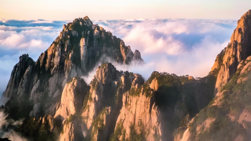 1080P, asia, nature, cloud - sky, mountain range, rock, scenics - nature, idyllic, sunset, sky, eroded, rock - object, peak, mountain peak, huangshan