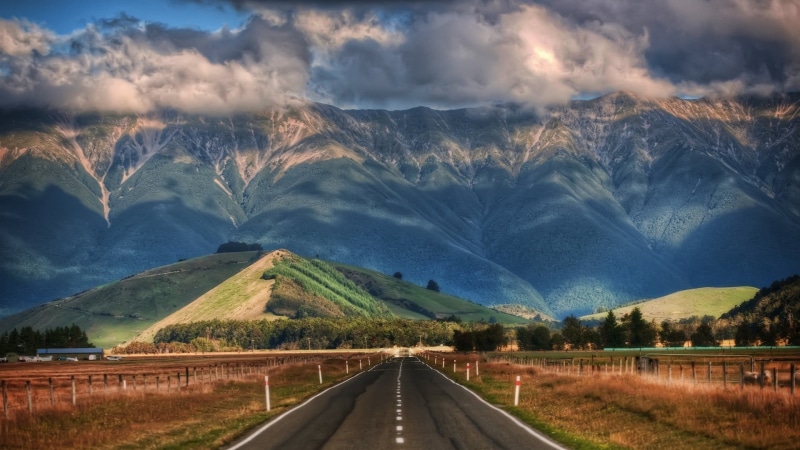 scenics - nature, green, grass, tranquil scene, transportation, mountains, tree, New Zealand, clouds, mountain, landscape, trees, day, forest, 1080P, cloudscape