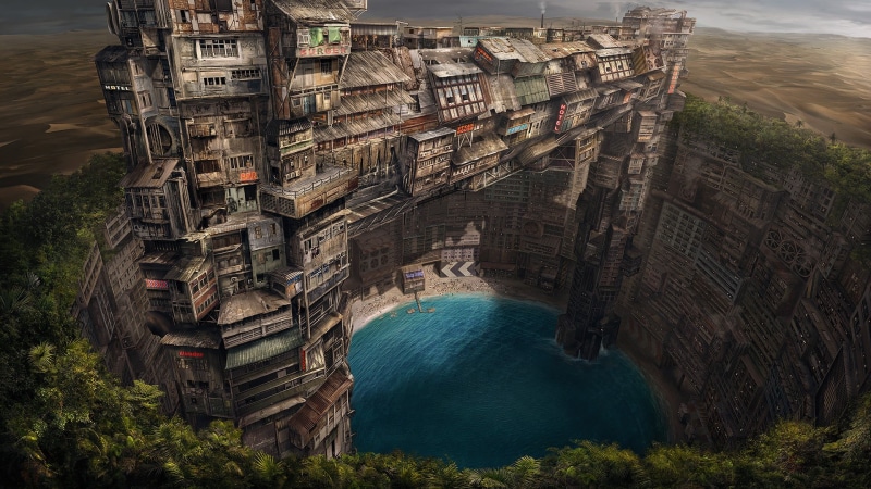 no people, artwork, tower, urban Scene, europe, building, famous Place, sea, high angle view, cliff, cityscape, beach, fantasy art, history, land, panoramic