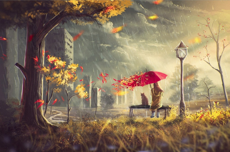 flower, yellow, clouds, land, day, no people, backgrounds, woman, tree, field, leaf, animal, house, forest, girl, autumn, october, painting, nature, holding